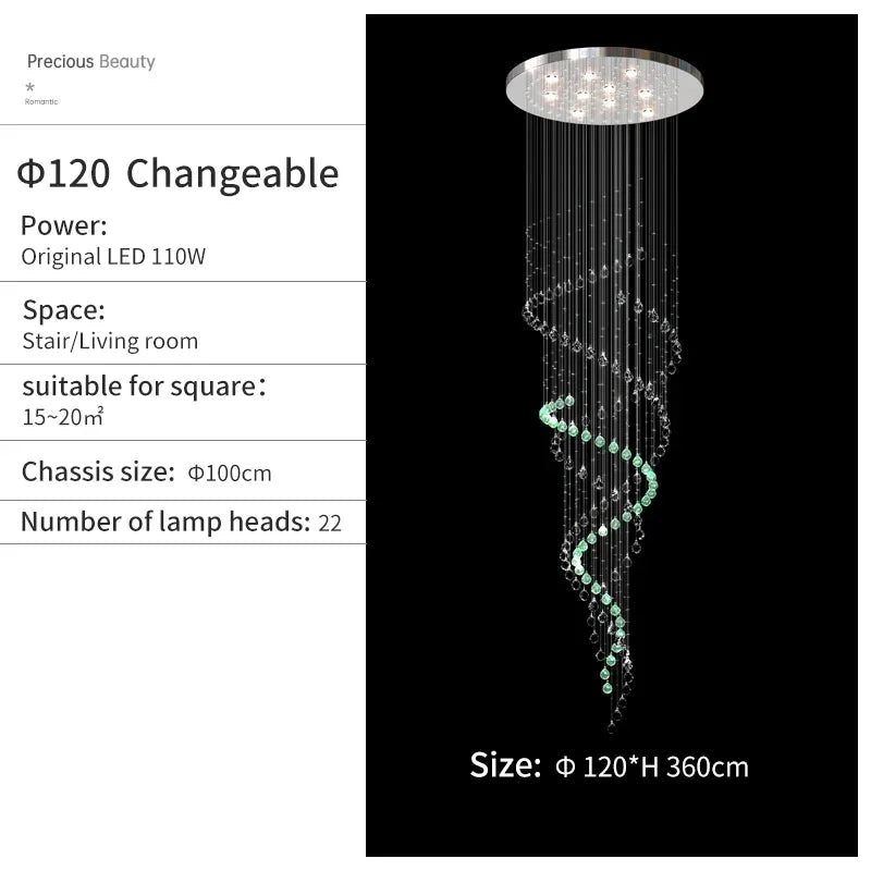 DecorBites™ Crystal Chandelier for High Ceilings Living Room - Modern Luxury Spiral Stair Pendant Lamp