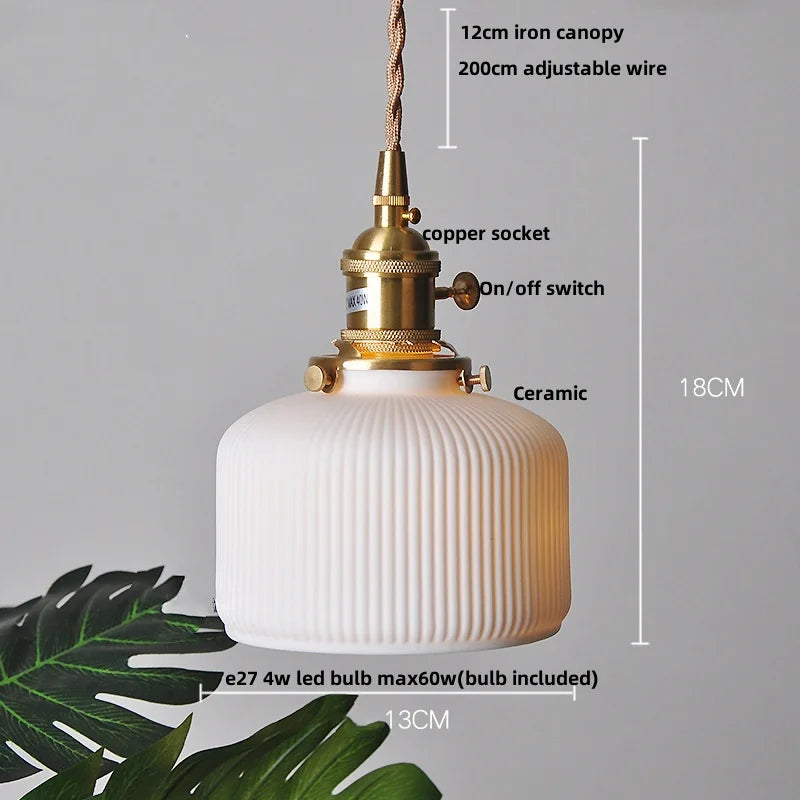 DecorBites™ Ceramic LED Pendant Light Fixture with Adjustable Wire, Brass Knob Switch