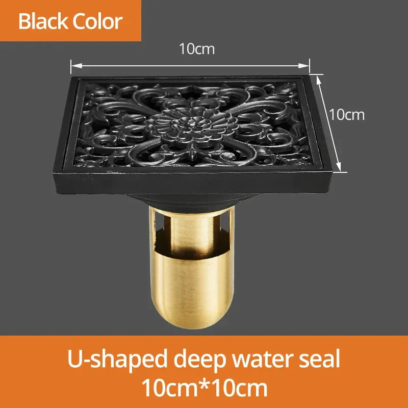 DecorBites™ Black Brass Shower Drain Strainer Floor Cover Square Art Carved Grate Basins SY-073R