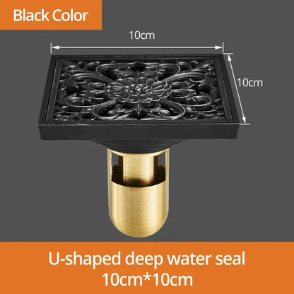 DecorBites™ Black Brass Shower Drain Strainer Floor Cover Square Art Carved Grate Basins SY-073R
