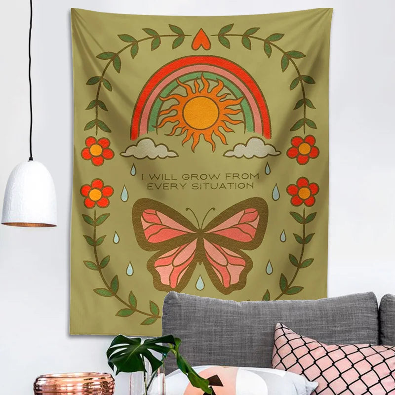 Decobites Retro Rainbow Butterfly Botanical Flower Wall Hanging Tapestry Home Decor