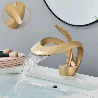 Grifo de lavabo tipo cascada DecorBites™ de latón negro, monomando para montaje en cubierta