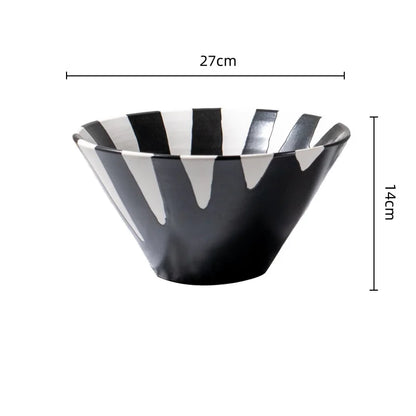 DecorBites™ Black Check Geometric Striped Ceramic Vase - Handcrafted Floral Arrangement Pot