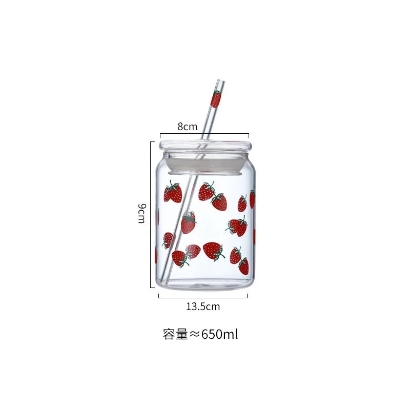 DecorBites™ Glass Cup Set with Lip Straws for Cold Drinks, Handmade, 600ml Strawberry Flavor