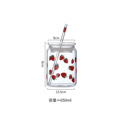DecorBites™ Glass Cup Set with Lip Straws for Cold Drinks, Handmade, 600ml Strawberry Flavor