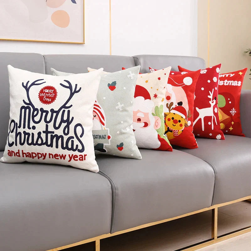 DecorBites™ Christmas Embroidery Cushion Cover 45x45cm Santa Deer Snowflake Pillowcase Square Cotton