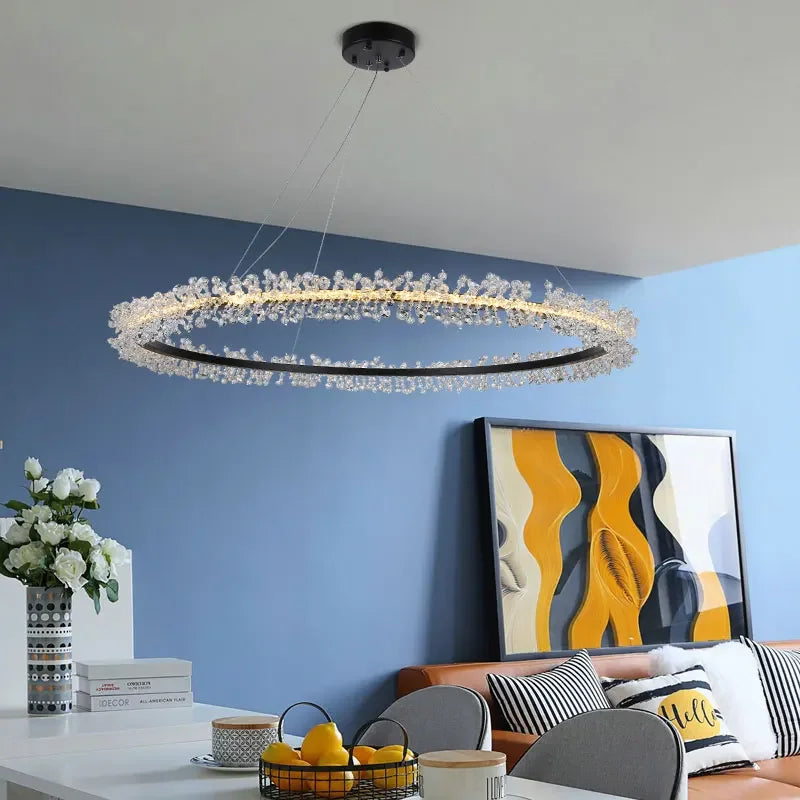 Chandelier de Anillo de Cristal Dorado Decorbites™ para la Decoración de Sala de Estar y Restaurante
