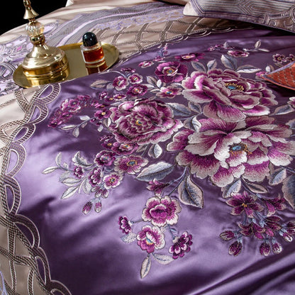 Decobites Palace Style Purple Flowers Bedding Set Embroidered Brocade Duvet Cover Sheets Pillows