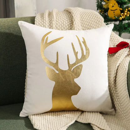 DecorBites™ Christmas Elk Embroidered Cushion Cover | Gold & Silver Stamped Holiday Decor