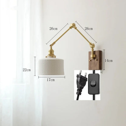 مصباح حائط نحاسي من DecorBites™ مع مفتاح سلسلة سحب، تصميم نورديك، لمبة LED، عاكس ضوء سيراميكي