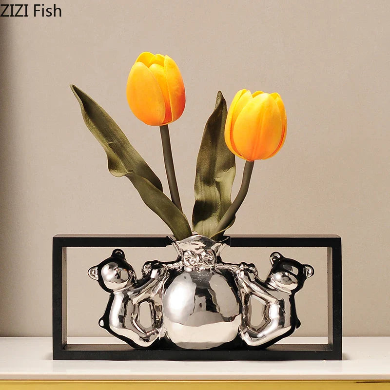 DecorBites™ Elegant Square Ceramic Vase with Artificial Flowers for Desk Decoration