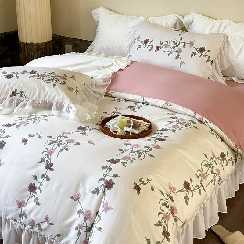 Juego de Ropa de Cama de Algodón Princesa con Volantes de Encaje Decorbites™ , Cubrecama Floral, Textiles para el Hogar de Boda para Niñas