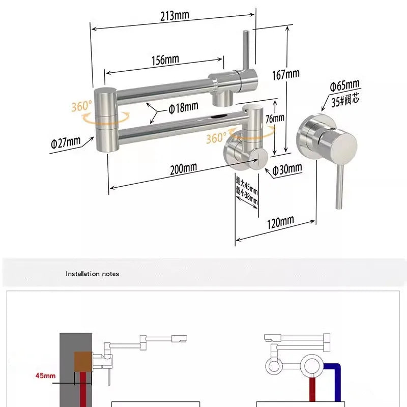 DecorBites™ Black Brushed Gold Kitchen Faucet Wall Mounted Foldable Pot Filler Tap