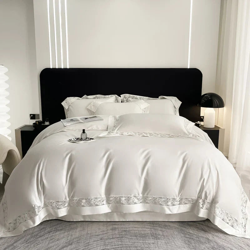 Decobites Lace Embroidery 1200TC Egyptian Cotton 4Pcs Bedding Set with Wide Hollow Design