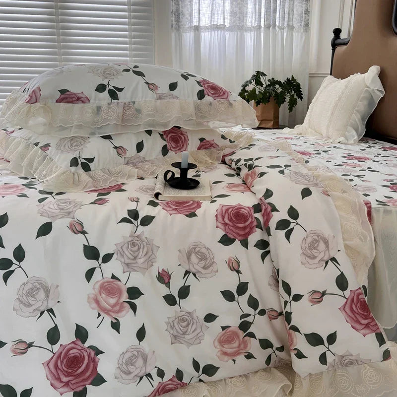 Decobites Vintage French Rose Flowers Double Layer Lace Ruffles Bedding Set