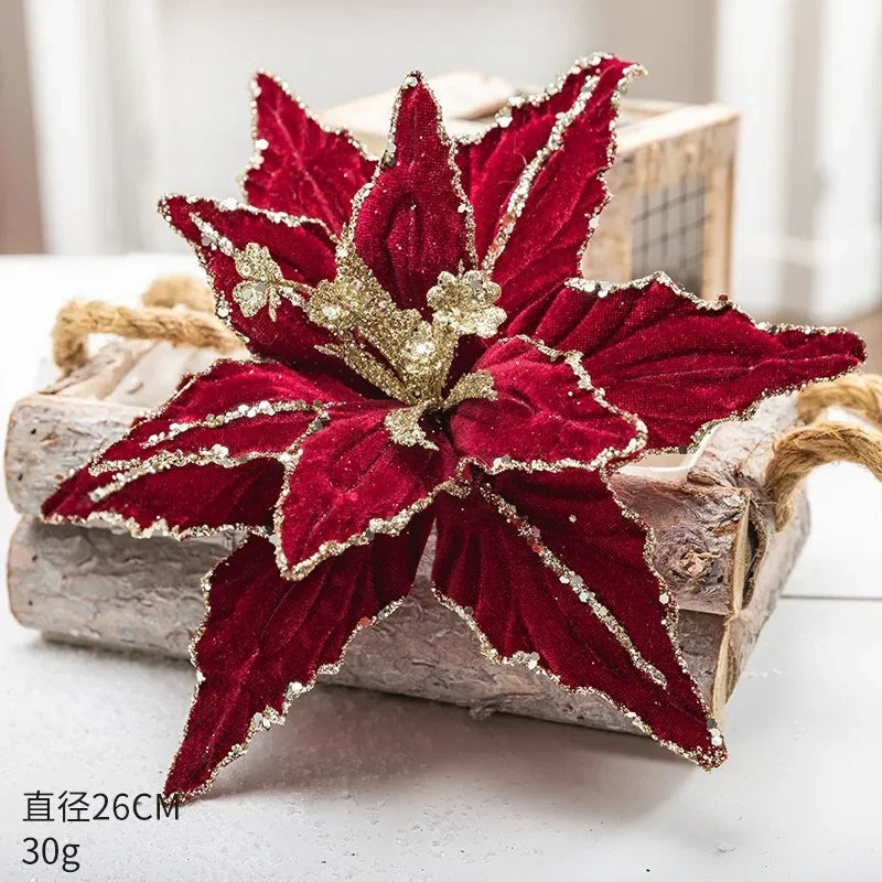 26CM Christmas Flower Red Gold Glitter Fleece Simulation Fake Flower Christmas Tree Pendants Merry Christma Decor Flower Noel