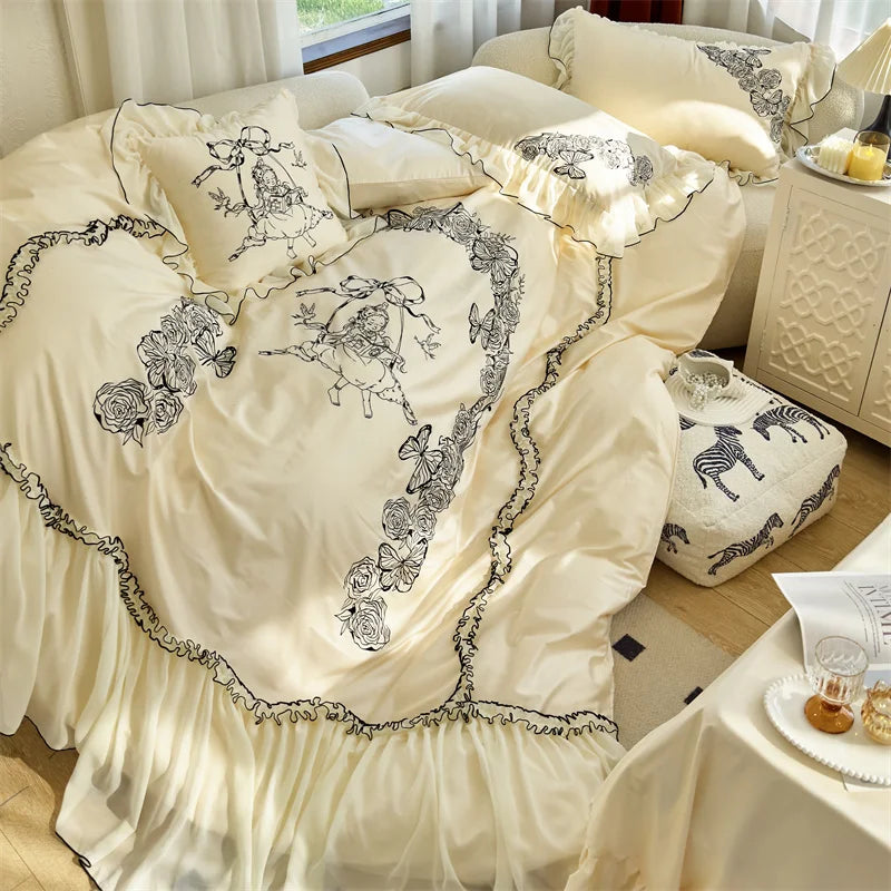 Decobites Vintage Rose Butterfly Lace Ruffles Princess Bedding Set: 100S Egyptian Cotton