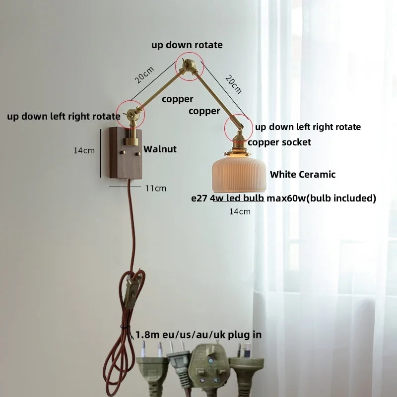 DecorBites™ Ceramic LED Wall Light Rotatable Walnut Bedside Lamp