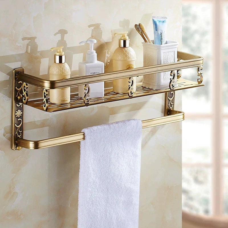 رف زاوية حمام من الألومنيوم من DecorBites™ - طول 40 سم، لمسة نهائية عتيقة، سلة حمام