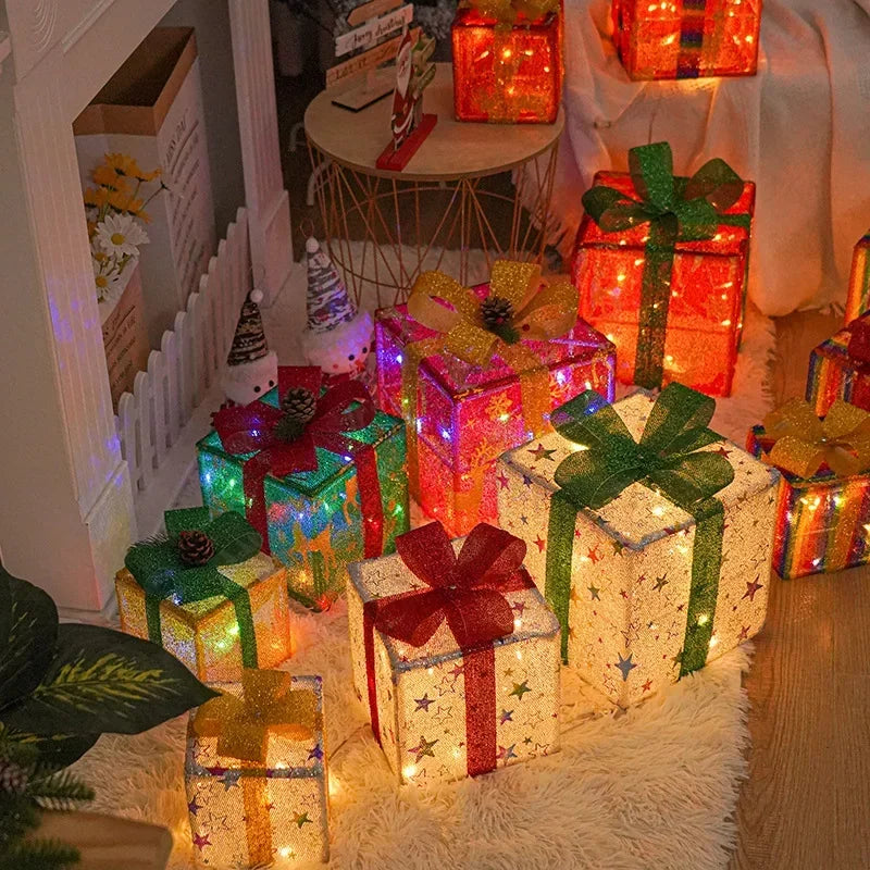 New Christmas Gift Box with LED Light String Warm Light Three-piece Christmas Holiday Props Decoration Room Decoration Lights