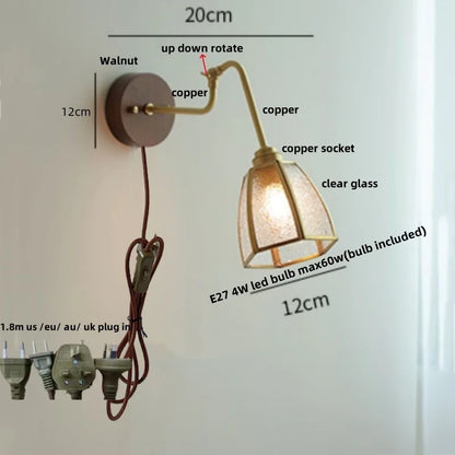 DecorBites™ Clear Glass LED Wall Sconce Pull Chain Switch Rotate Arm Walnut Wood Stair Light