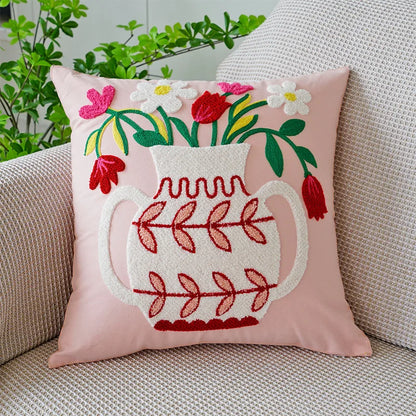DecorBites™ Boho Floral Embroidered Canvas Cushion Cover 45*45cm for Living Room