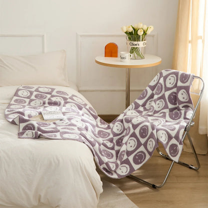 DecorBites™ Knitted Checkboard Smile Face Design Fluffy Blanket - Spring Violet Pink Gray Blanket