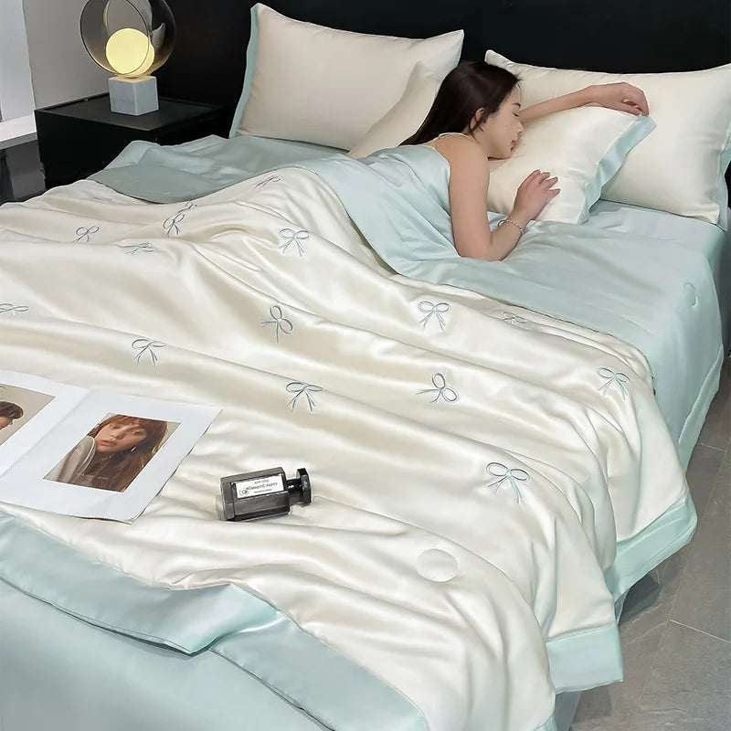 DecorBites™ Bowknot Embroidered Summer Bedding Set - Soft & Skin-friendly Quilt, Duvet, Pillowcases