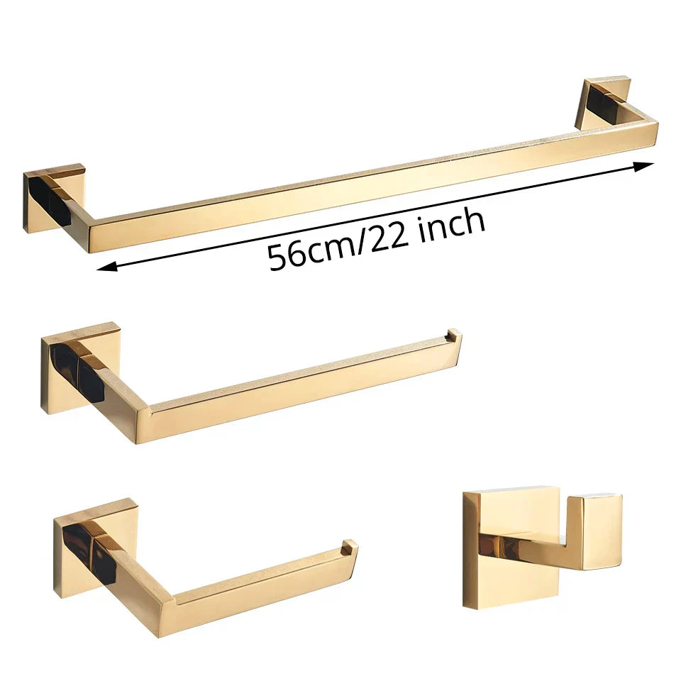 Conjunto de Herrajes de Baño Decorbites™ Oro: Gancho para Batas, Barra para Toallas, Estante, Soporte para Papel Higiénico