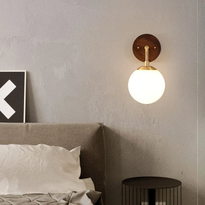 DecorBites™ Glass Wall Light Fixture Walnut Wood Modern Nordic Pull Chain Switch Lamparas