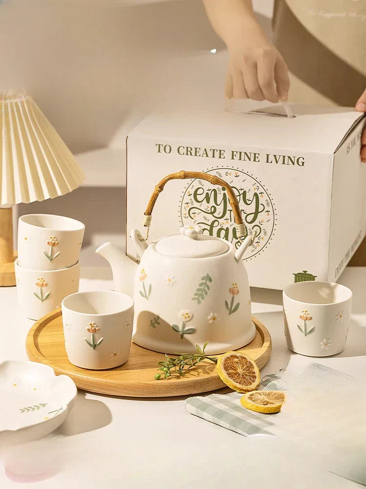 DecorBites™ Daisy Teapot Set: New Wedding Gift Souvenir Tea Set in Branded Gift Box