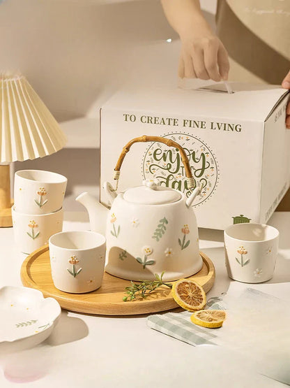 DecorBites™ Daisy Teapot Set: New Wedding Gift Souvenir Tea Set in Branded Gift Box