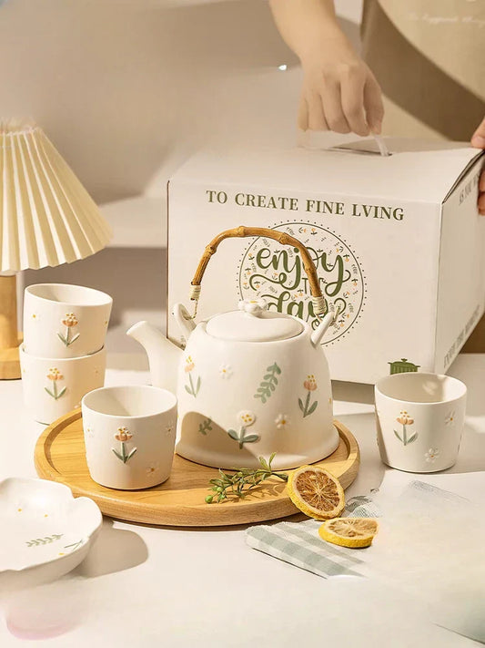 DecorBites™ Daisy Teapot Set: New Wedding Gift Souvenir Tea Set in Branded Gift Box
