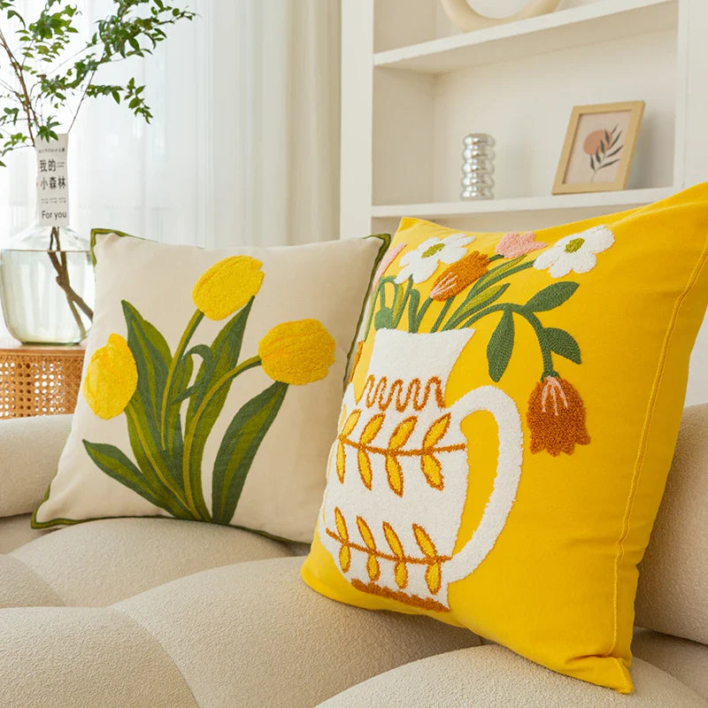 DecorBites™ Elegant Yellow Vase Flower Cushion Cover - 45x45cm