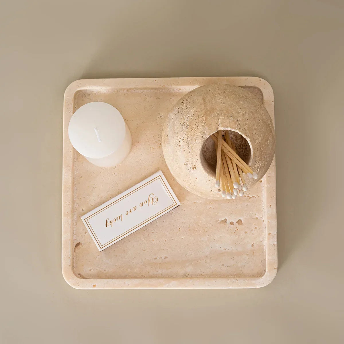 DecorBites™ Beige Travertine Match Holder - Vintage Marble Toothpick Holder & Home Decor
