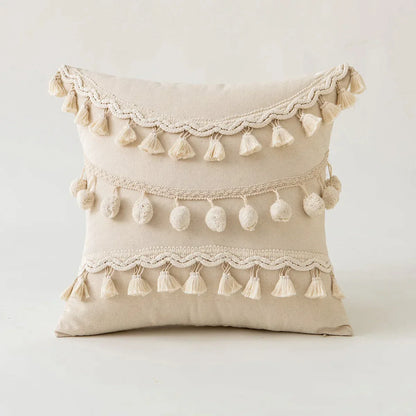 DecorBites™ Ivory Cushion Cover with Pompom Tassels - Home Decor for Living Room Sofa Booth