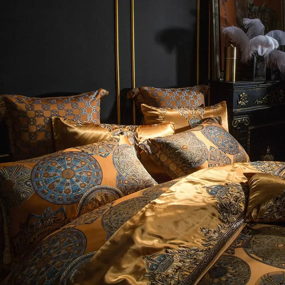 DecorBites™ Golden Jacquard Baroque Bedding Set Queen King Size Linens - Sheet Pillowcase Comforter Cover