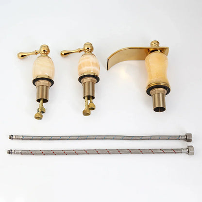 Grifo para bañera DecorBites™ chapado en oro con manijas de piedra de jade - Mezclador de latón macizo