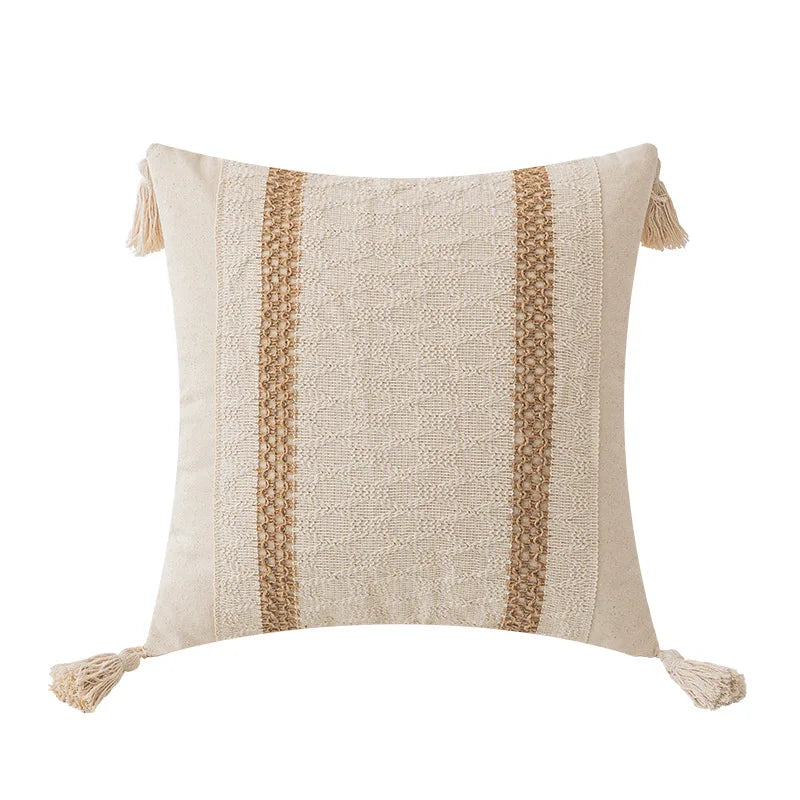 DecorBites™ Boho Geometric Tassel Cushion Cover Cotton Linen Crochet Pillowcase