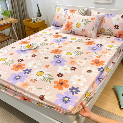 Decobites Fashion Flowers Print Cotton Fitted Sheet Single Piece Queen Size, Soft Pink Bed Linen