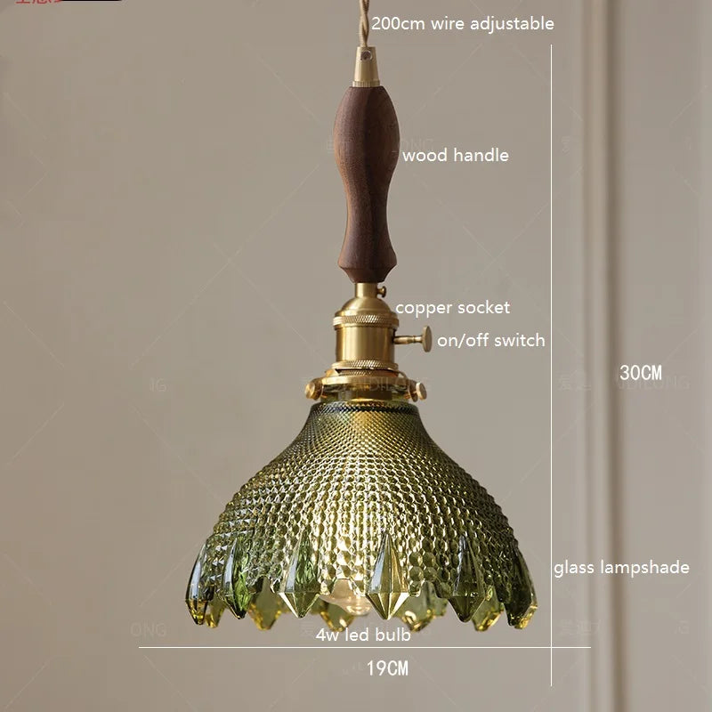 DecorBites™ Green Glass LED Pendant Lamp with Copper Wood Handle for Modern Nordic Home Decor
