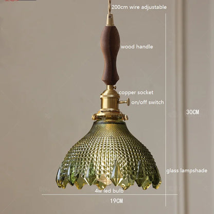 DecorBites™ Green Glass LED Pendant Lamp with Copper Wood Handle for Modern Nordic Home Decor