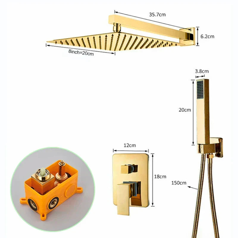 مجموعة دش الحمام الذهبية DecorBites™ مع رأس دش مطري مربع وحنفيات خلاط مخفية
