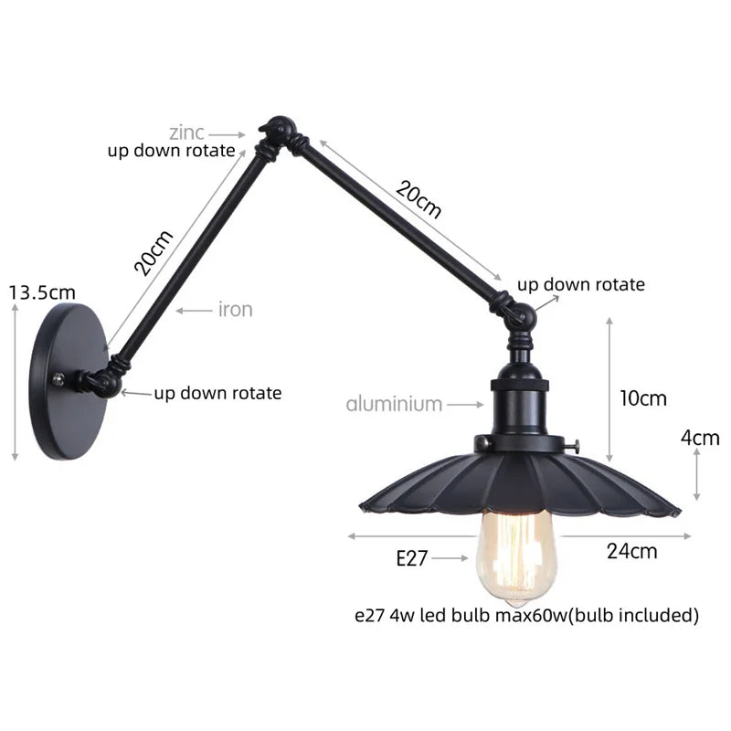 DecorBites™ Gold Industrial LED Wall Lamp with Pull Chain Switch for Home Decor