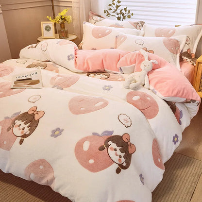 Decobites Flower Print Thicken Winter Warm Bedding Set with Sheet Pillowcases