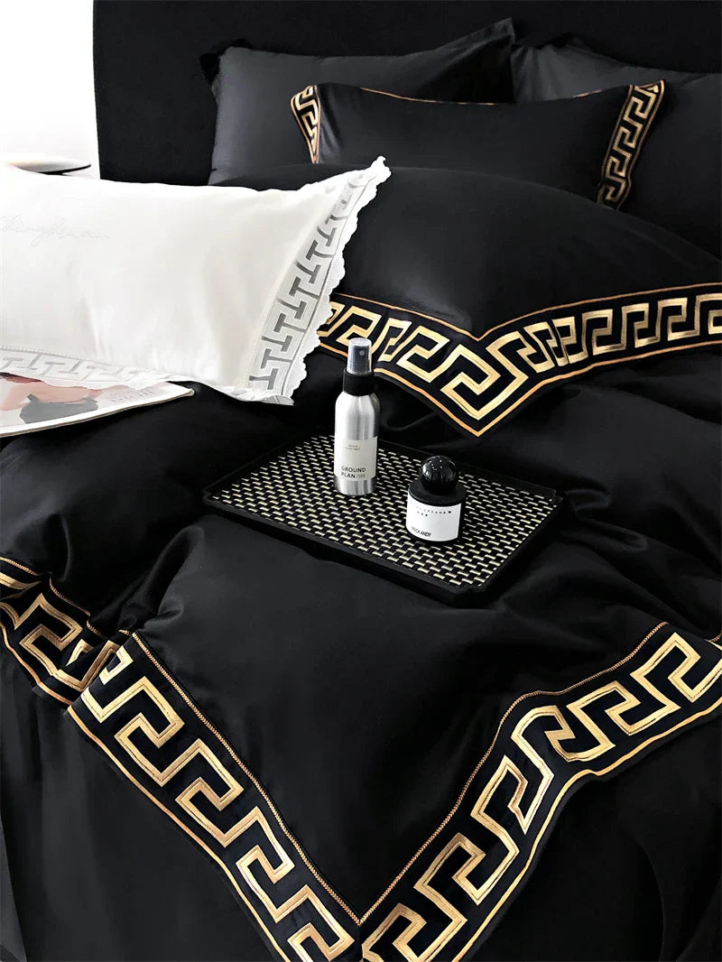 Conjunto de edredón con bordado de oro Decorbites™, Ropa de cama de algodón egipcio negro, 1000TC, Doble Rey Reina