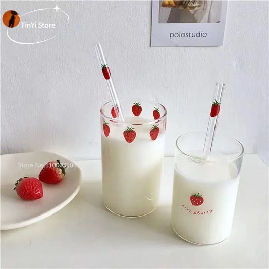DecorBites™ Kawaii Strawberry Glasses Cup with Straws - Cute Clear Juice Mug