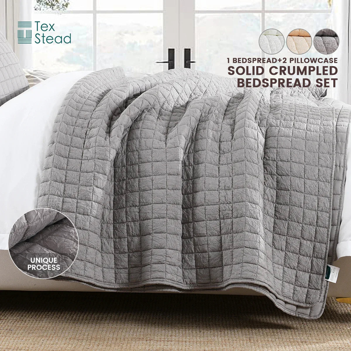 Decobites Soft Crumpled Bedspread Set, Breathable & Comfortable 3-Piece Bedding Kit