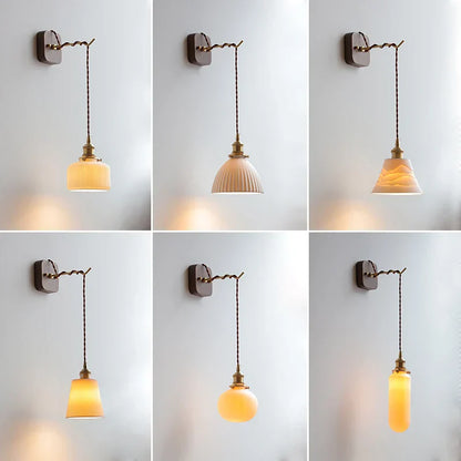 DecorBites™ LED Wall Sconce Modern Japan Style Ceramic Lampshade Wooden Base Light