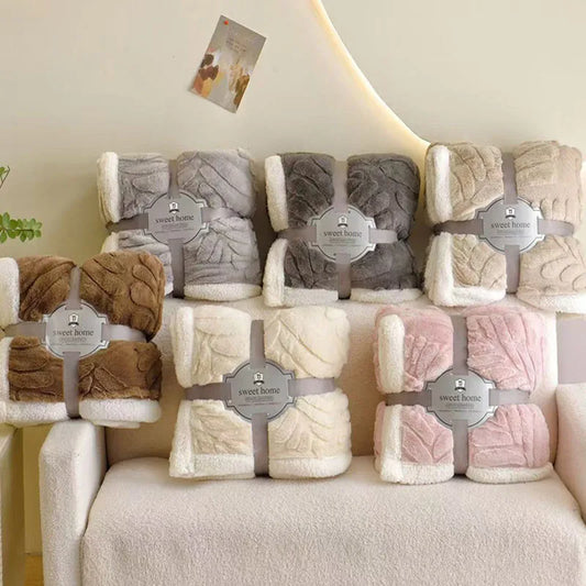 DecorBites™ Banana Leaf Jacquard Faux Rabbit Fur Double Layer Lamb Bedspread